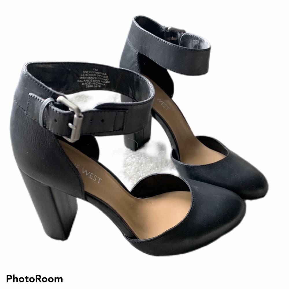 Nine West Black Leather Heels Ankle Strap 7